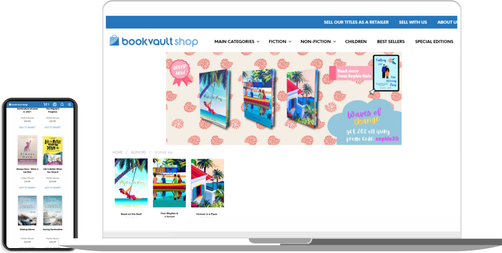 Bookvault Shop homepage with a blue navigation bar and a colorful banner showing multiple book covers above a grid of book thumbnails.